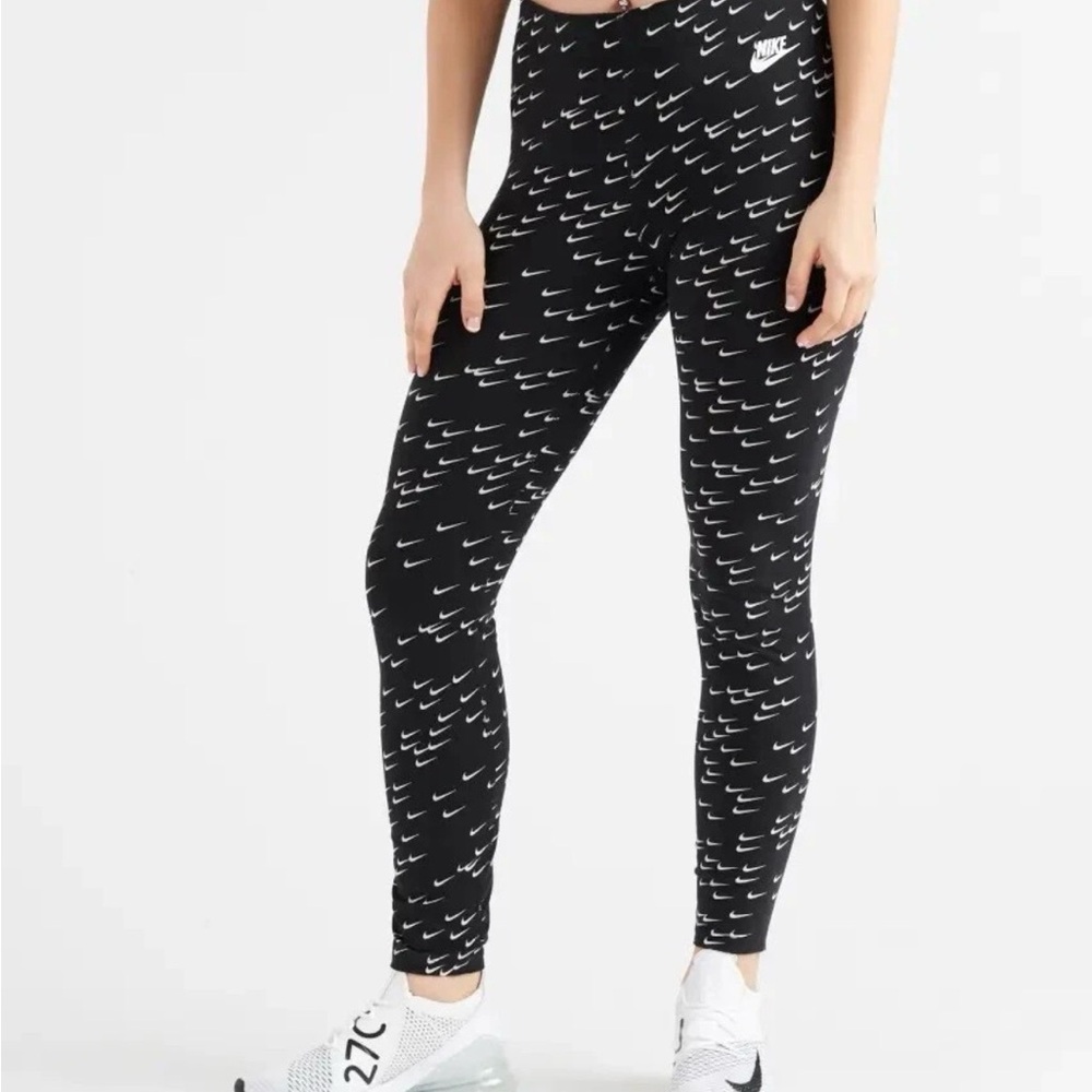 NIKE Womens Small Black and White Swoosh All Over Leggings - Picture 2 of 9